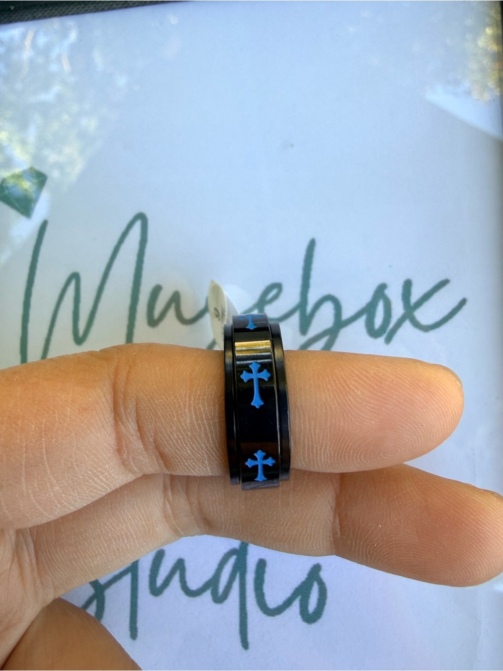 Men's Black Spinner Ring with Blue Cross Inlay